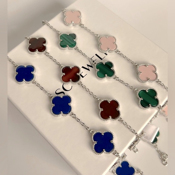 Last 3 🔥 Royal Blue Clover Bracelet Double Sided Silver Color Four Leaf - Picture 7 of 10